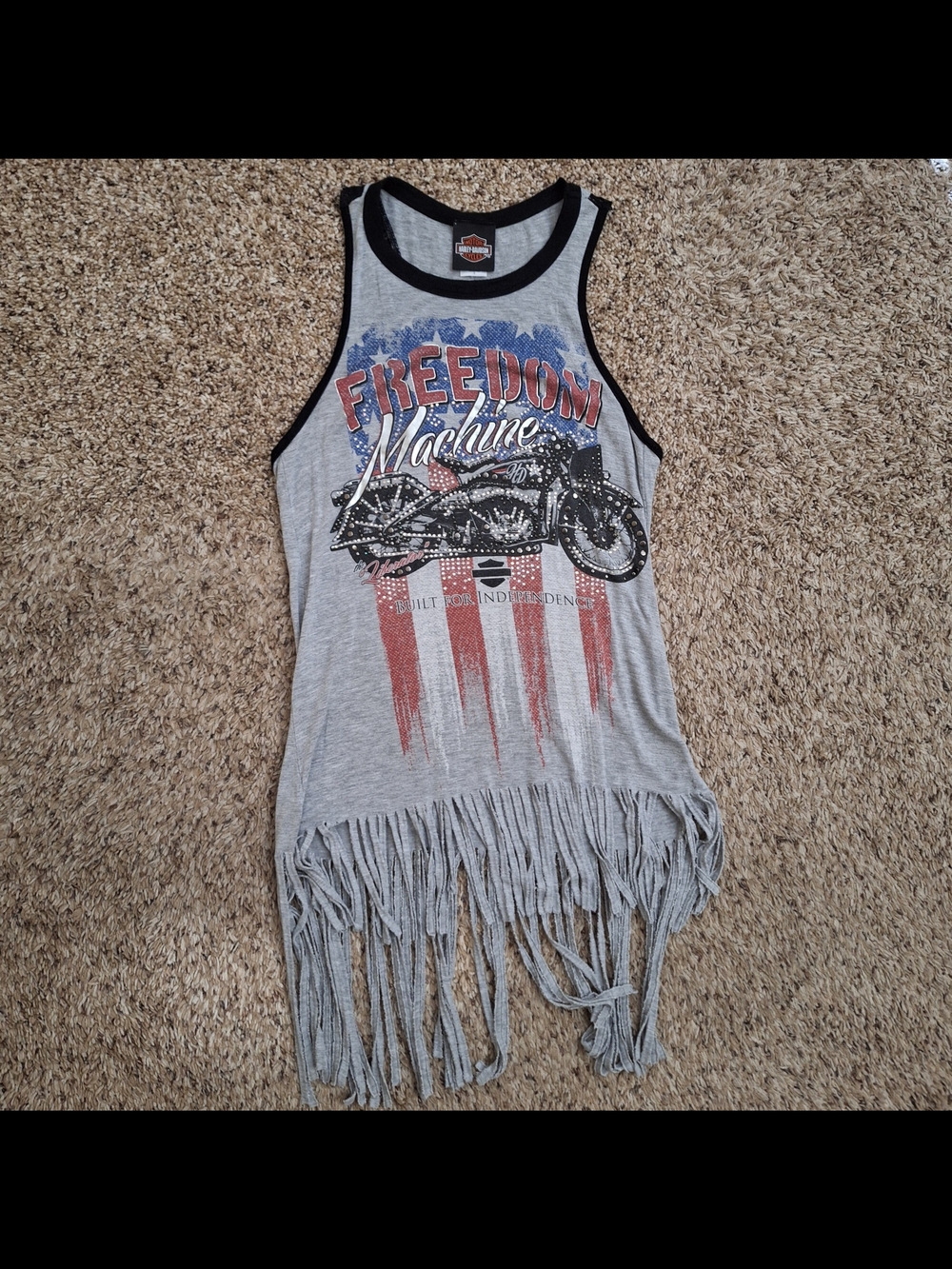 Harley Davidson Freedom Machine Rhinestone Fringe Lace Tank S